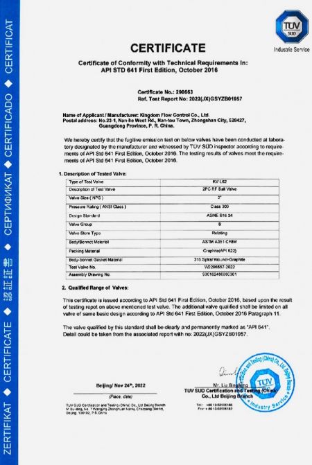 API 641: API 641 standard requires valves to meet the stringent criteria of maximum leakage of 100 ppmv, while undergoing 610 cycles of the valve under extreme temperatures.