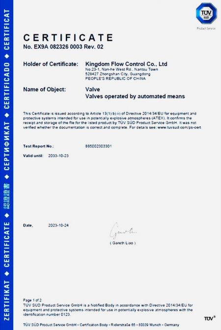 ATEX: The ATEX directive 2014/34/EU covers equipment and protective systems intended for use in potentially explosive atmospheres. KI valves and pneumatic actuators are certified against group II category 2.
