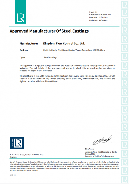 LR: KI is approved as a manufacturer in accordance with the requirements of Lloyd's Register for castings in carbon, carbon-manganese and austenitic stainless steel.