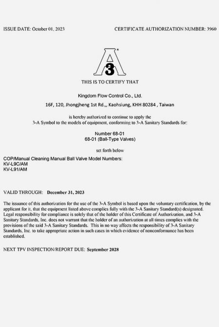 3-A Sanitary certified: KI Sanitary Ball Valves passed the 3-A Sanitary Standard(s) and the issuance of this authorization for the use of the 3-A Symbol.