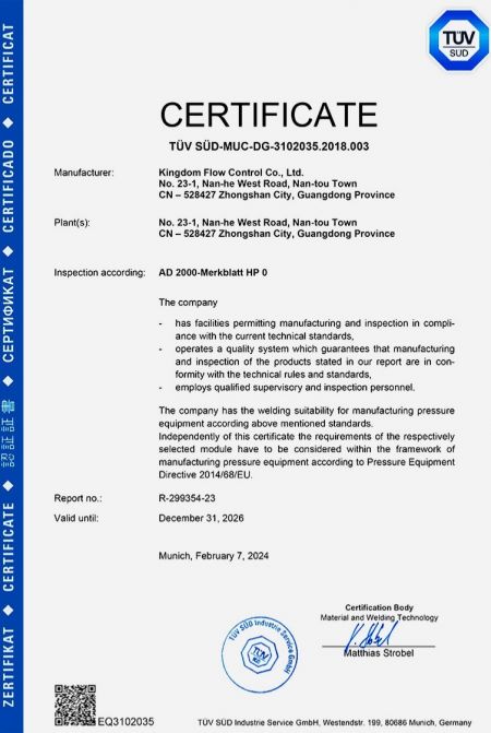 AD 2000 HP0: The AD2000 HP0 certification proves that KI has facilities permitting manufacturing and inspection in compliance with the current technical standards and operates a quality system which guarantees that. It also proves that KI employs qualified supervisory and inspection personnel.