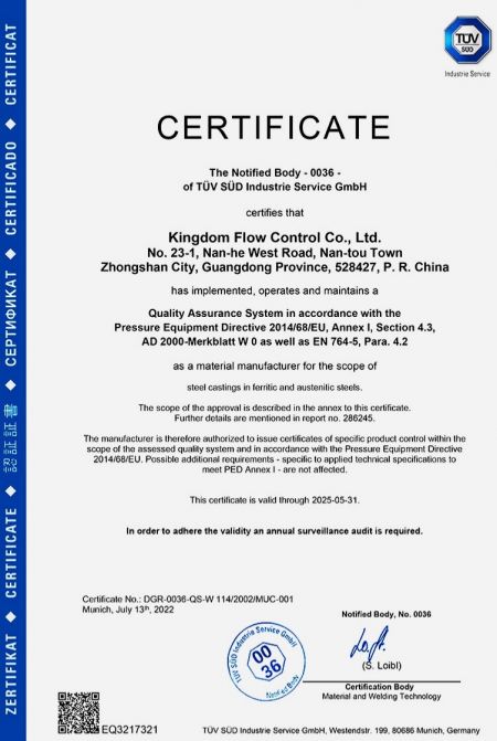 AD 2000 W0: The AD2000 W0 certification proves that the castings manufactured by KI are in compliance with the requirements for pressure bearing components of pressure vessels.