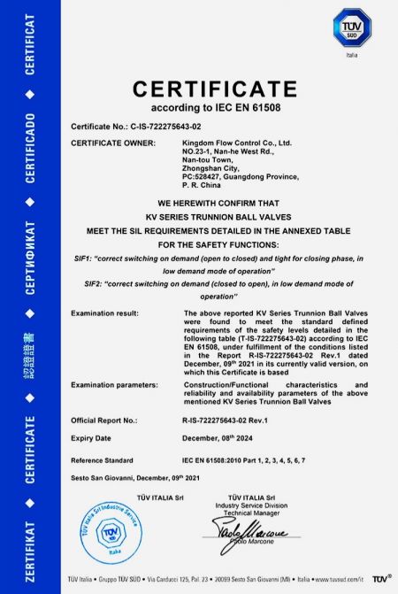 SIL: Certified by SIL means the design, engineering and testing of the products are fully compliance with IEC 61508 and IEC 61511 standards and are suitable for use in a safety instrumented system. KI valves are SIL 3 certified.